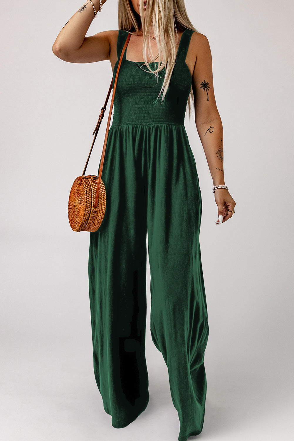 Smocked Square Neck Wide Leg Jumpsuit with Pockets - nailedmoms