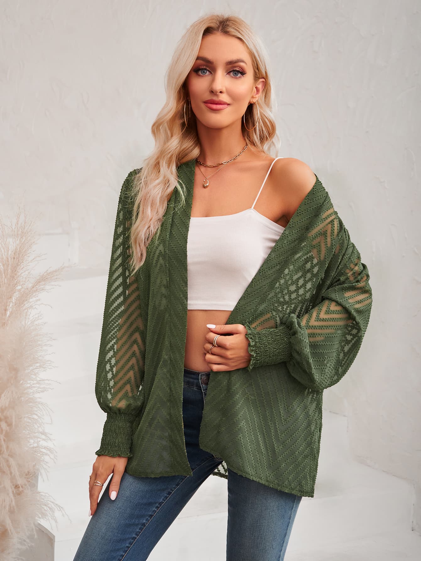 Lantern Sleeve Open Front Sheer Cardigan - nailedmoms
