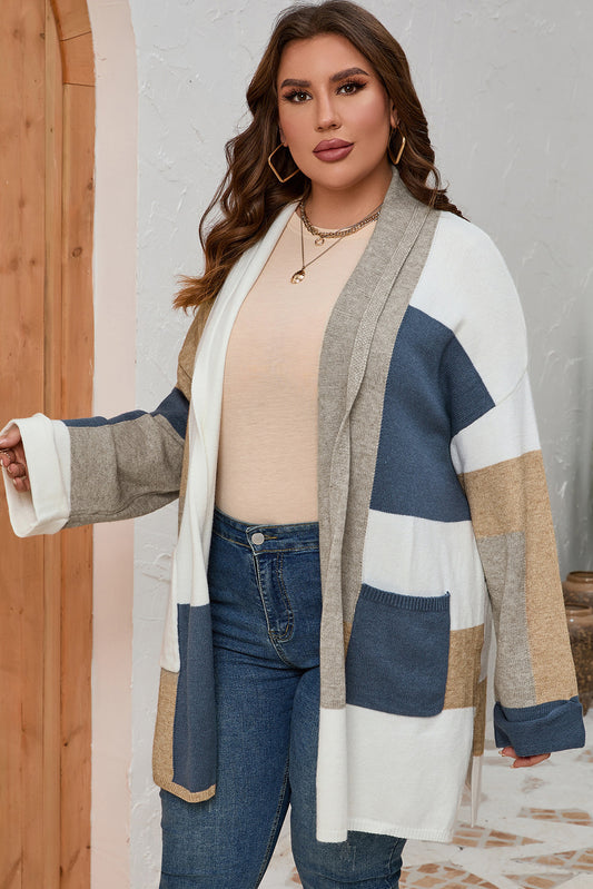 Plus Size Color Block Long Sleeve Cardigan - nailedmoms