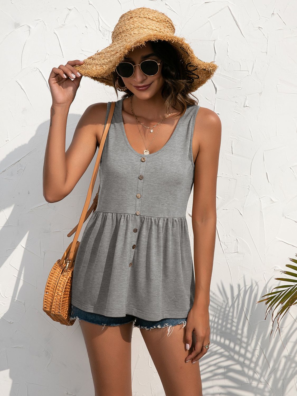 Decorative Button Scoop Neck Tank - nailedmoms
