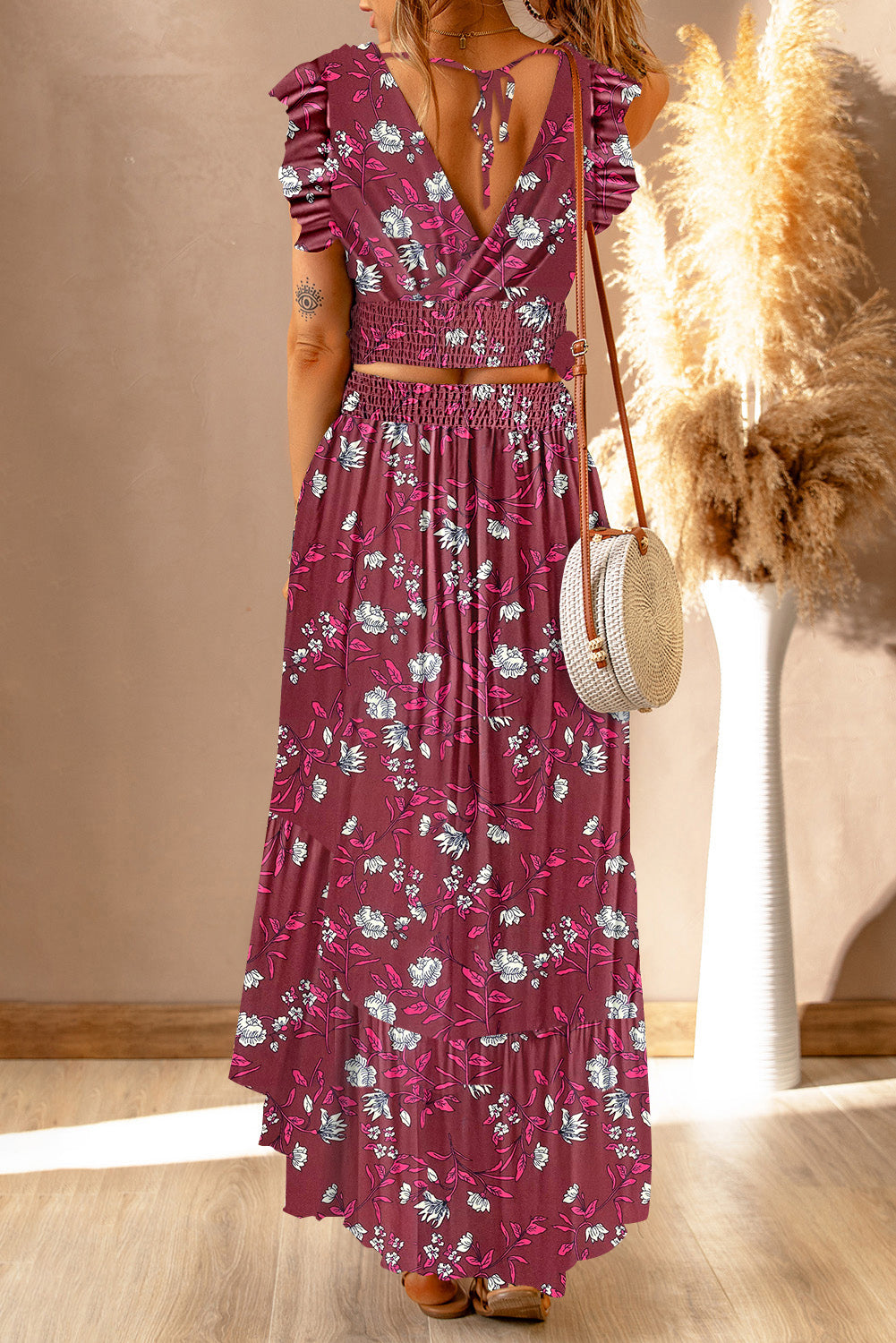 Printed Tie Back Cropped Top and Maxi Skirt Set - nailedmoms