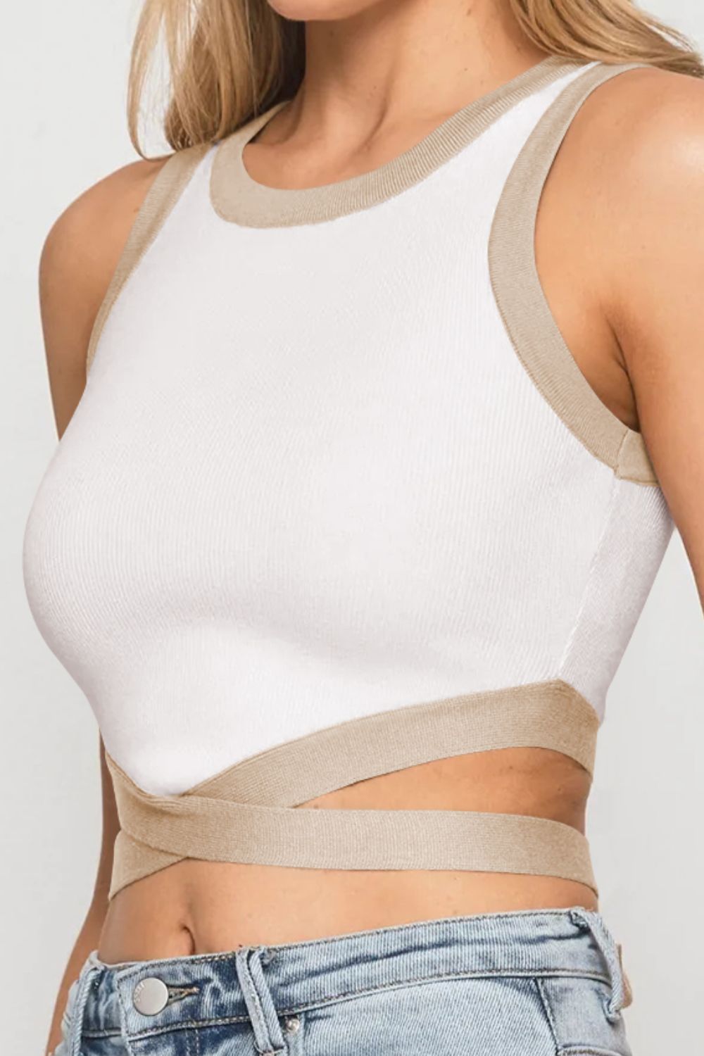 Contrast Tie Back Round Neck Tank - nailedmoms