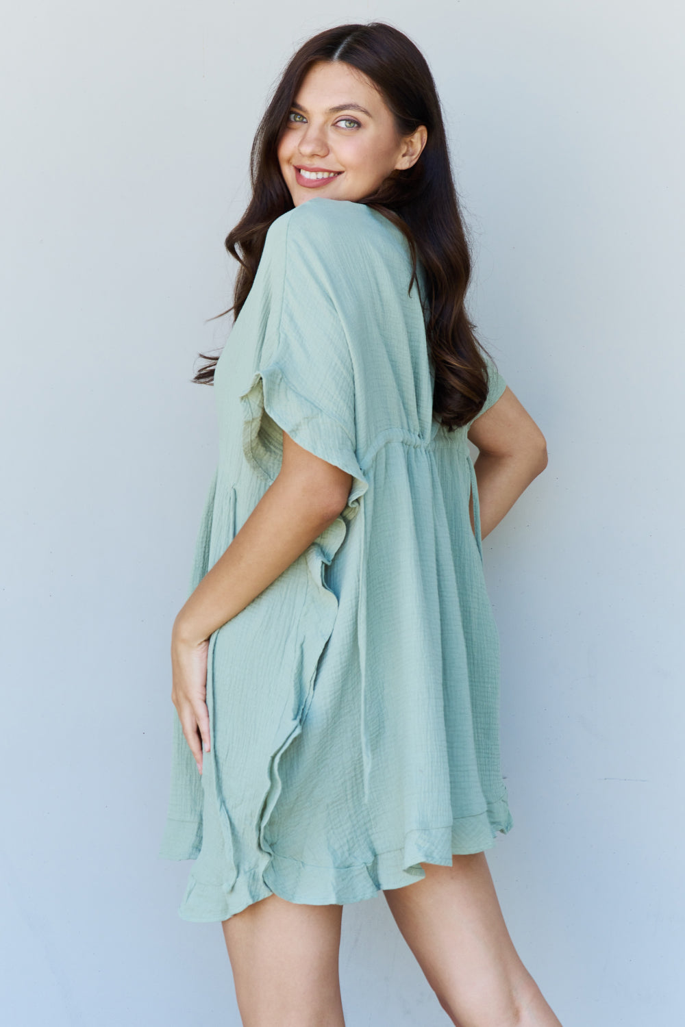 Ninexis Out Of Time Full Size Ruffle Hem Dress with Drawstring Waistband in Light Sage - nailedmoms