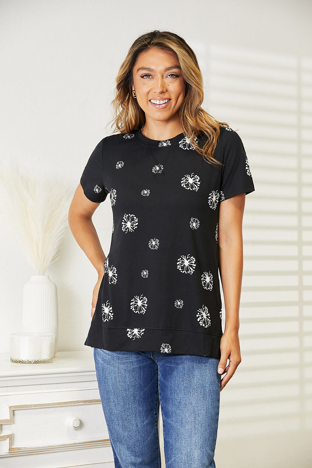 Double Take Dandelion Print Round Neck T-Shirt - nailedmoms