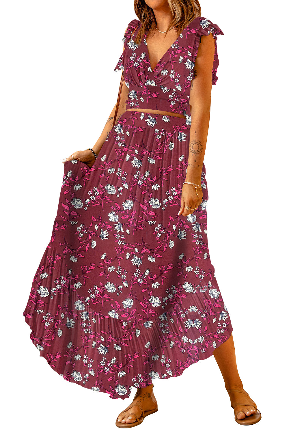 Printed Tie Back Cropped Top and Maxi Skirt Set - nailedmoms