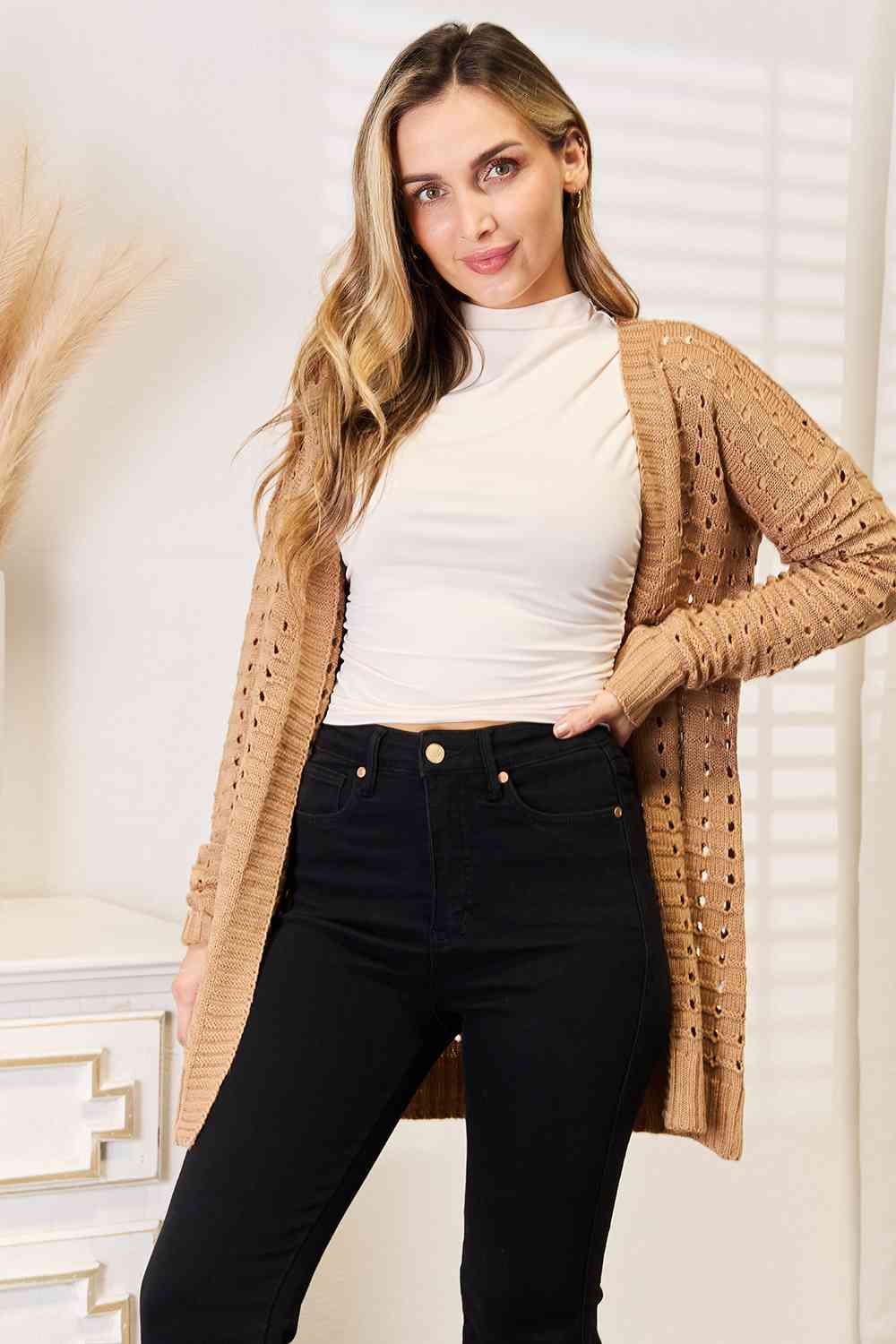 Woven Right Openwork Horizontal Ribbing Open Front Cardigan - nailedmoms