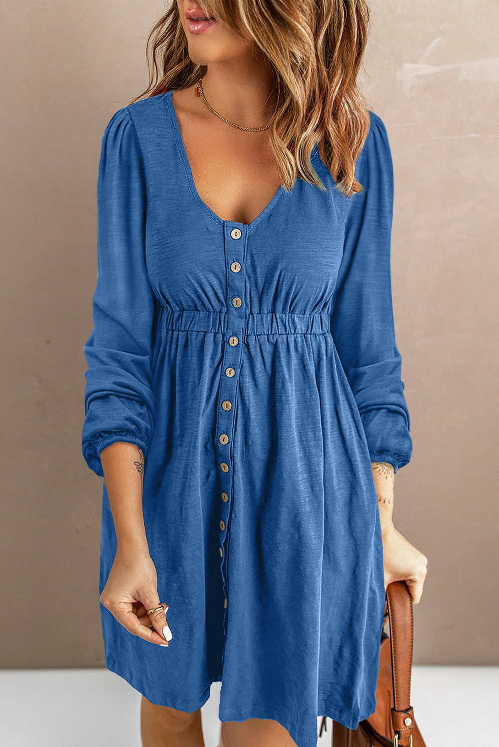 Scoop Neck Empire Waist Long Sleeve Mini Dress - nailedmoms