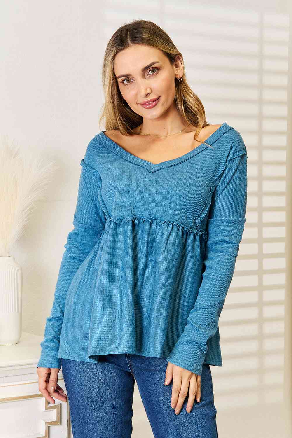 Jade By Jane Full Size Frill Trim Babydoll Blouse - nailedmoms