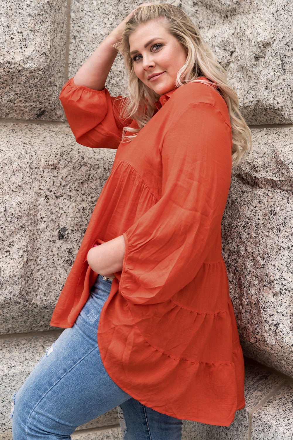 Plus Size Collared Balloon Sleeve Shirt - nailedmoms