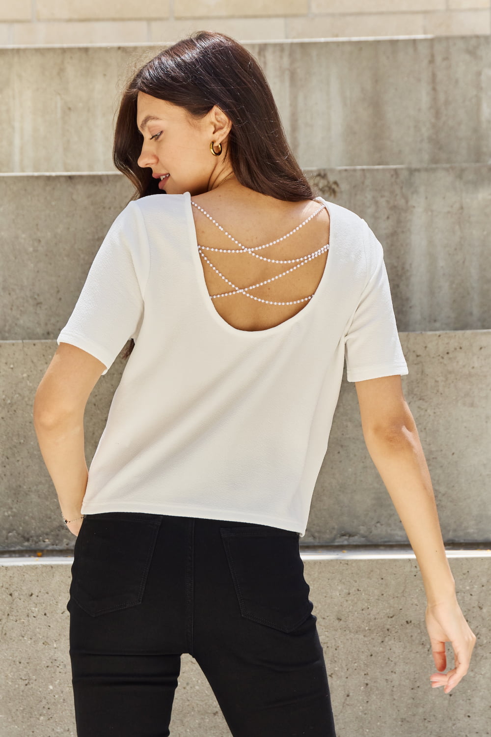 And The Why Pearly White Full Size Criss Cross Pearl Detail Open Back T-Shirt - nailedmoms