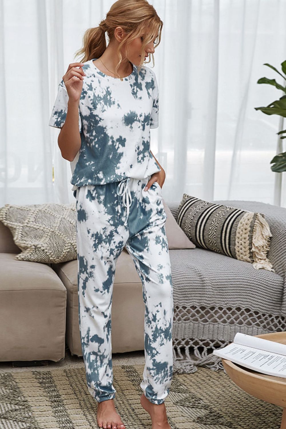 Tie-Dye Tee and Drawstring Waist Joggers Lounge Set - nailedmoms
