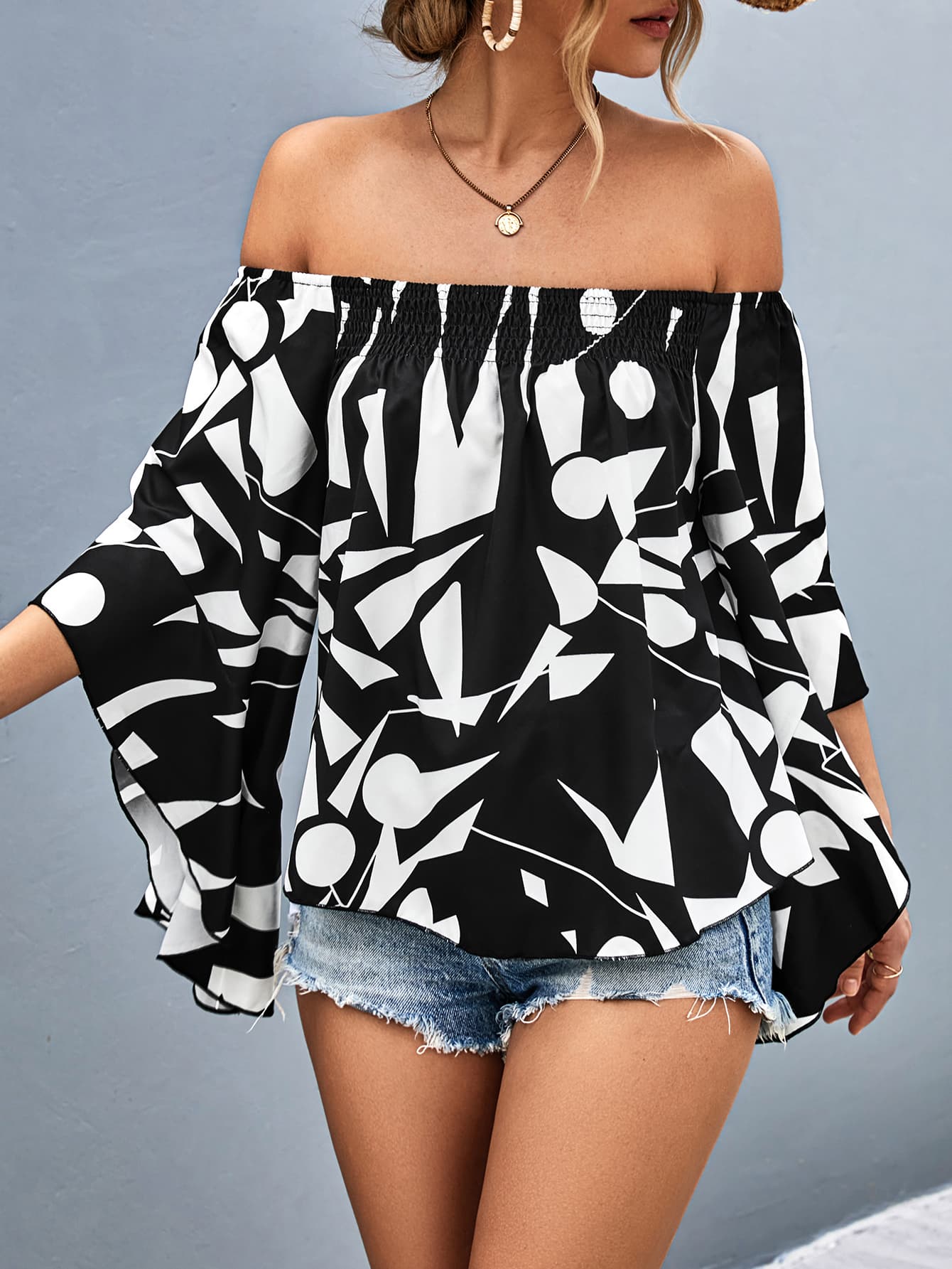 Printed Off-Shoulder Bell Sleeve Blouse - nailedmoms