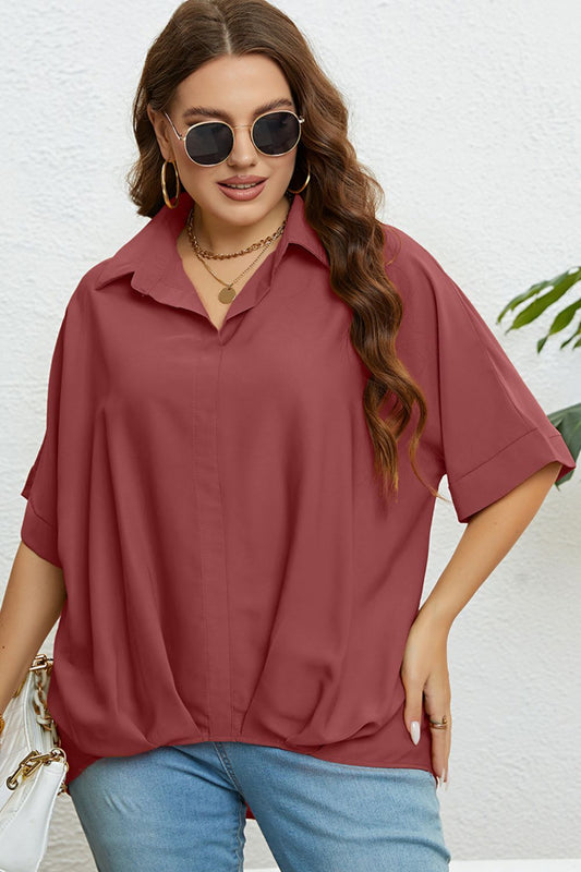 Plus Size Collared Half Sleeve Hem Detail Top - nailedmoms
