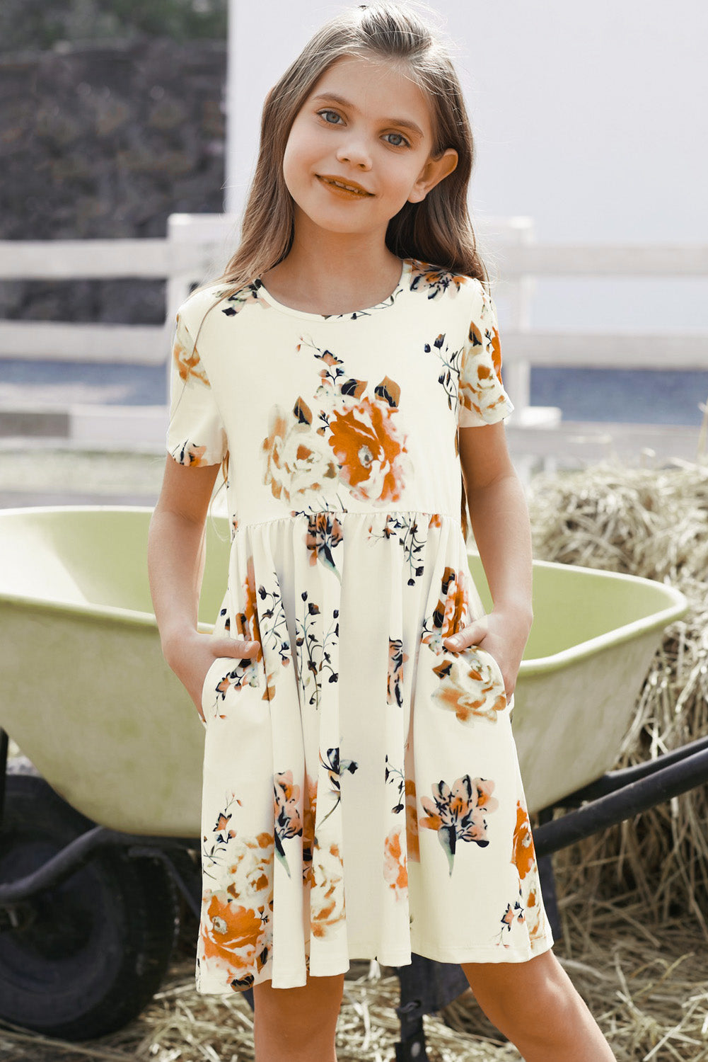 Girls Floral Short Sleeve Round Neck Dress - nailedmoms