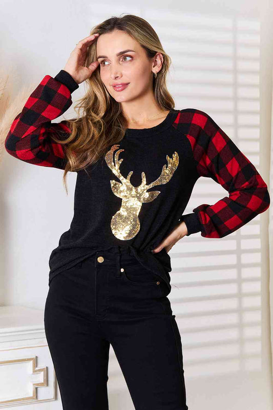 Heimish Full Size Sequin Reindeer Graphic Plaid Top - nailedmoms