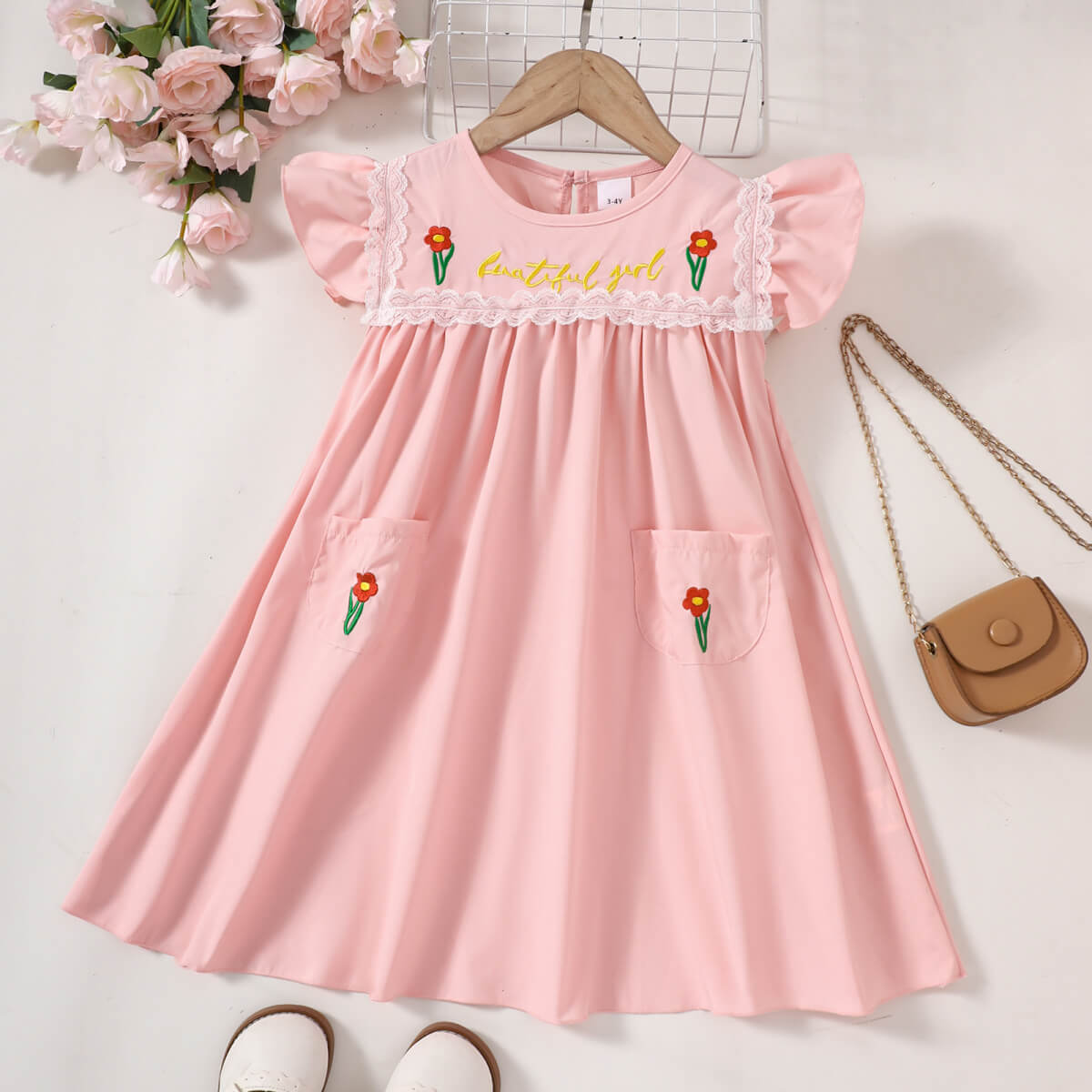 Girls Embroidered Lace Trim Round Neck Dress - nailedmoms