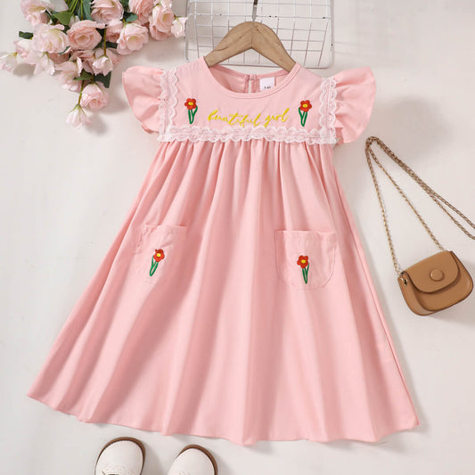 Girls Embroidered Lace Trim Round Neck Dress - nailedmoms