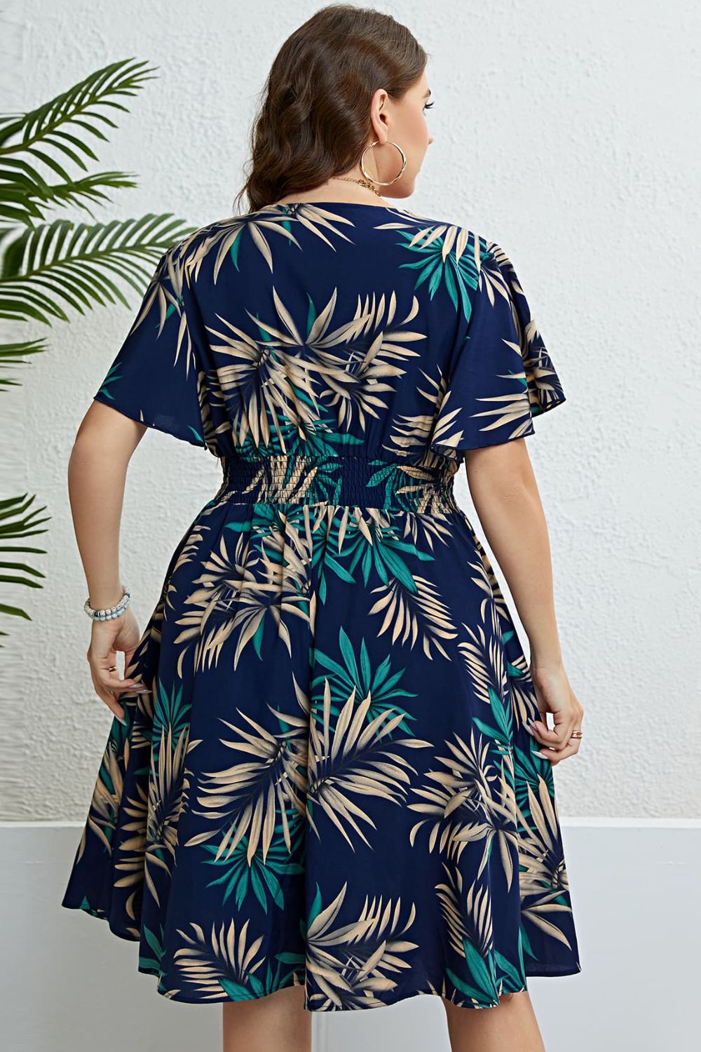Plus Size Botanical Print Flutter Sleeve Smocked Waist Dress - nailedmoms