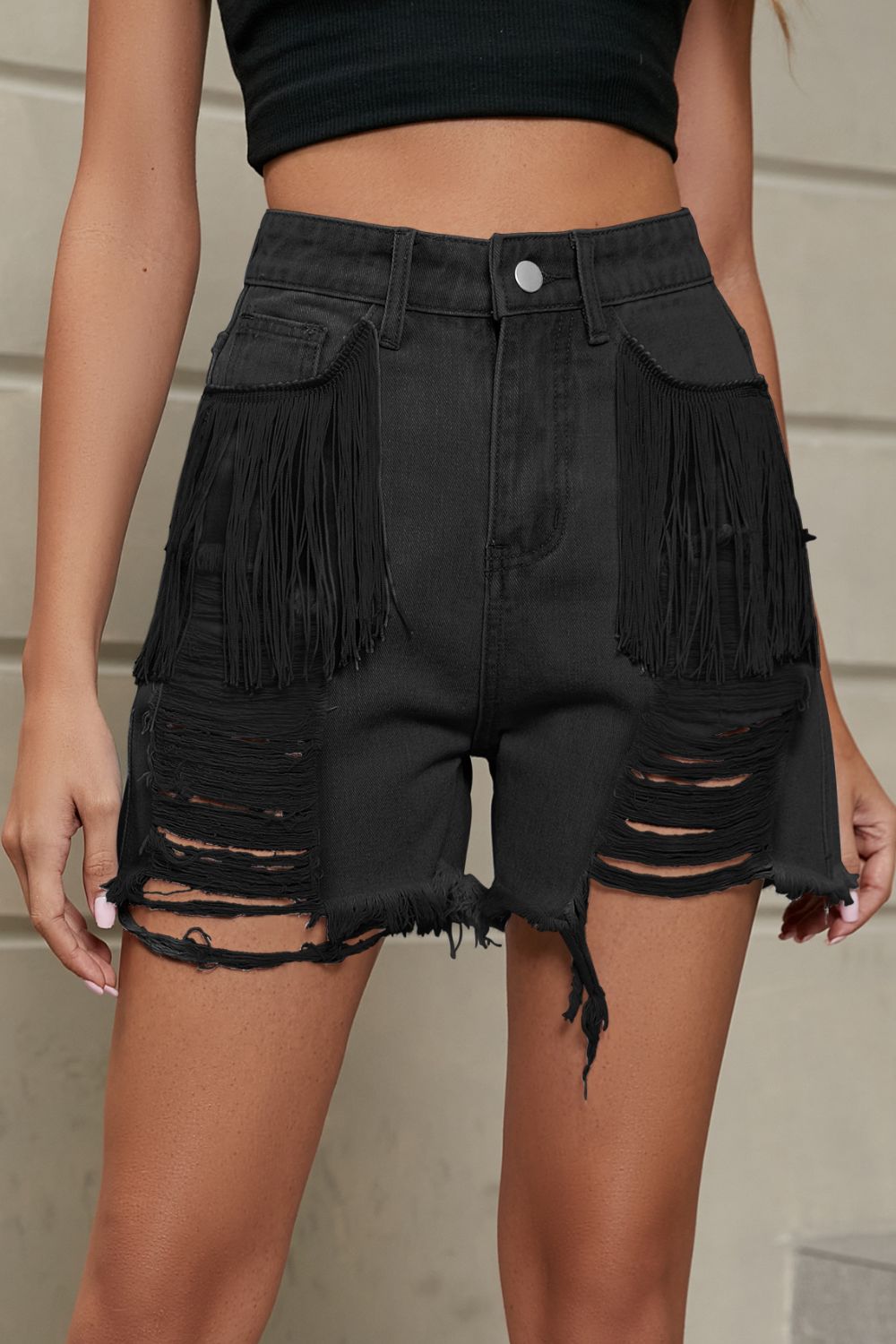 Fringe Trim Distressed Denim Shorts with Pockets - nailedmoms