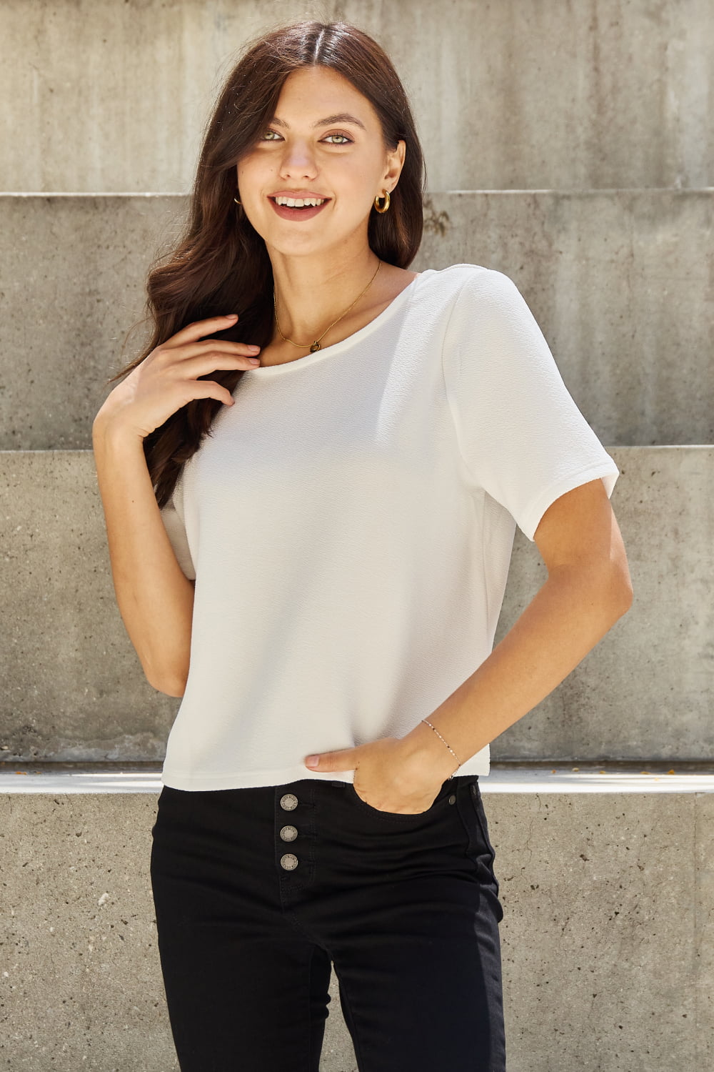 And The Why Pearly White Full Size Criss Cross Pearl Detail Open Back T-Shirt - nailedmoms