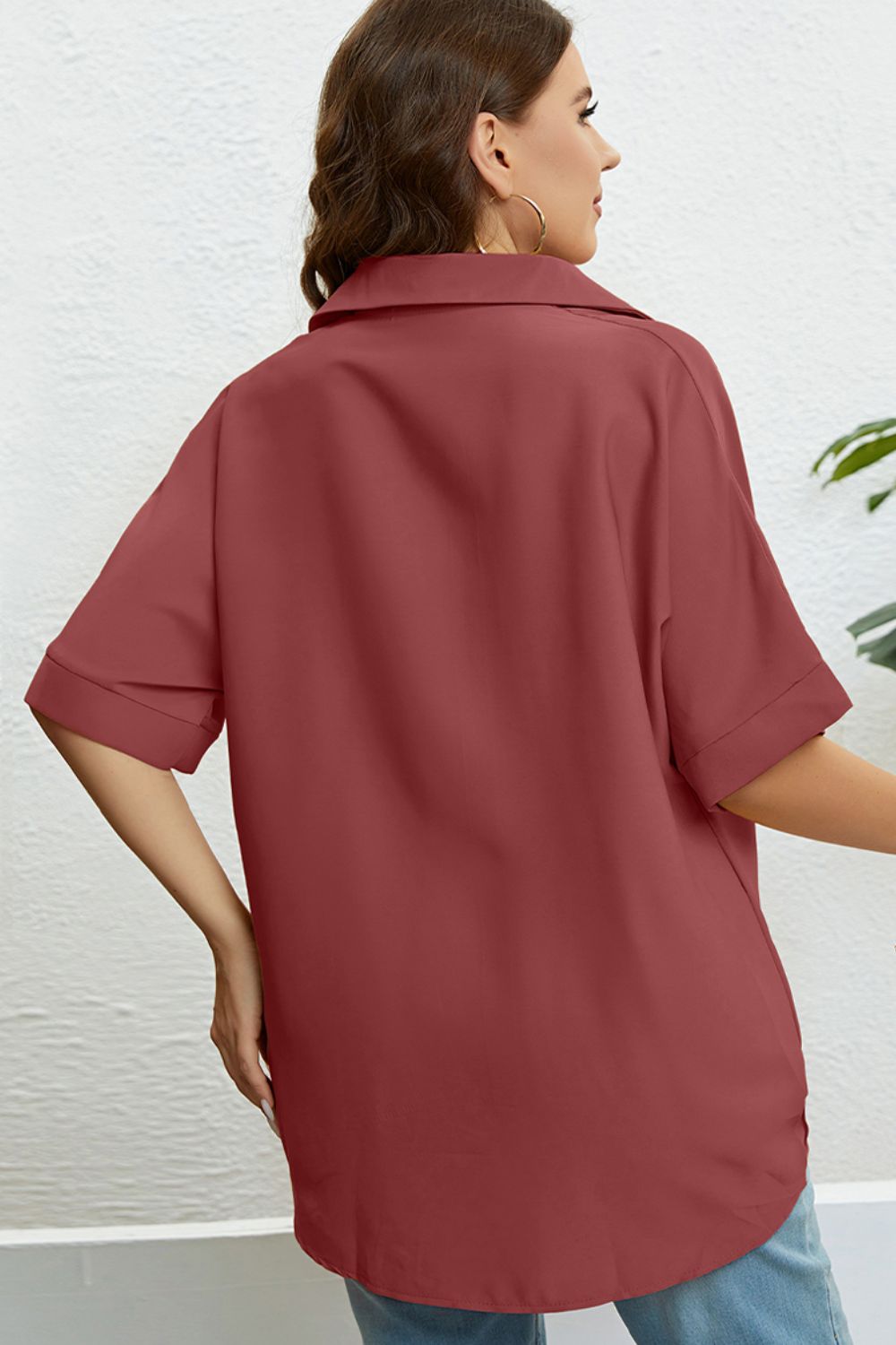 Plus Size Collared Half Sleeve Hem Detail Top - nailedmoms