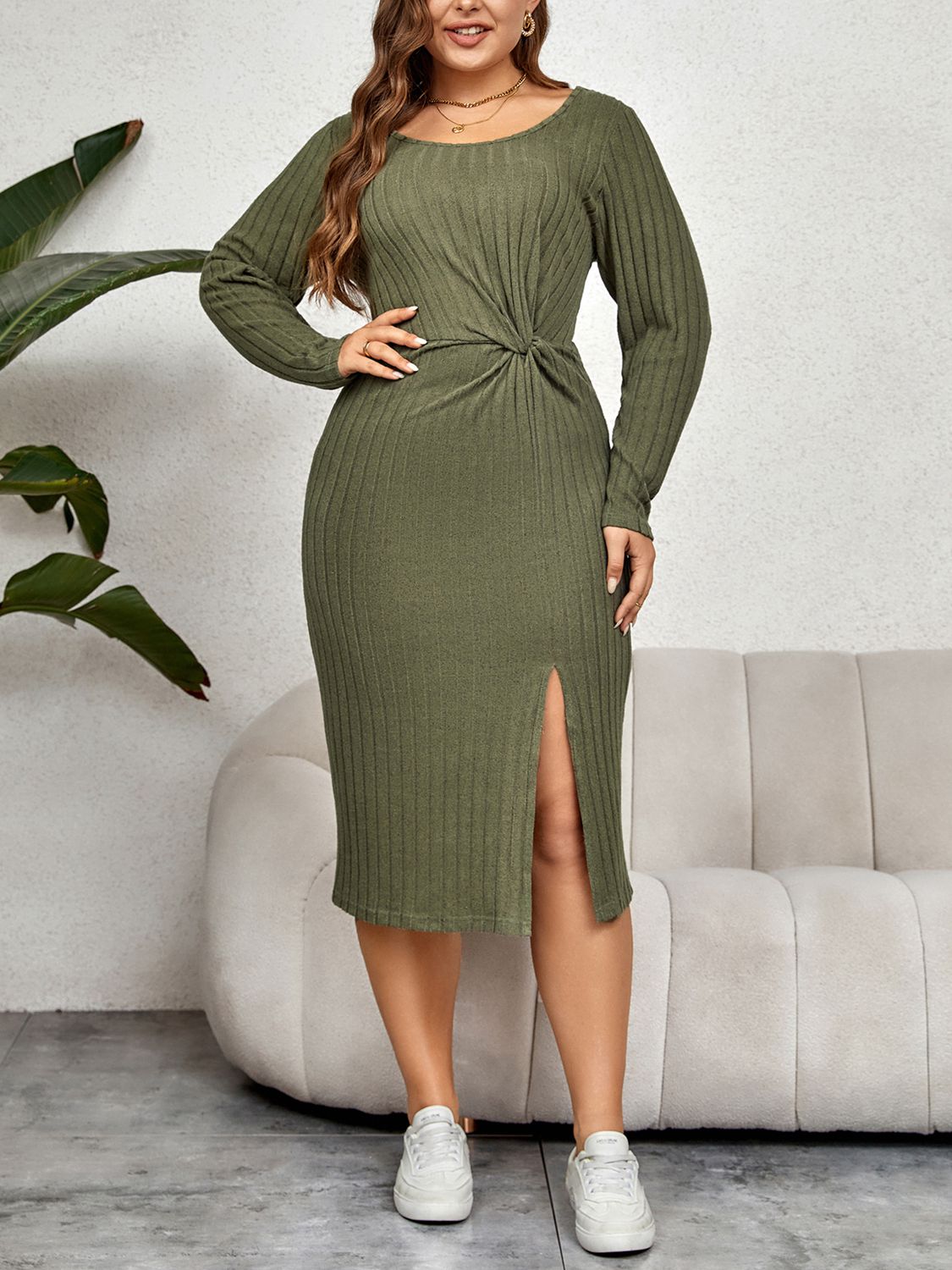 Plus Size Ribbed Round Neck Twisted Slit Midi Dress - nailedmoms