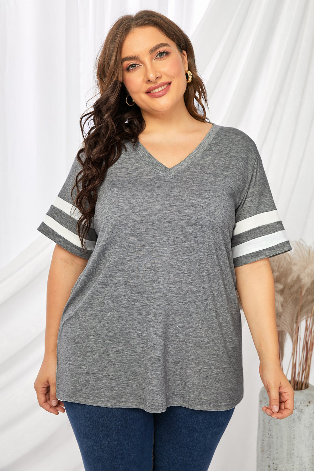 Plus Size Striped V-Neck Tee Shirt - nailedmoms