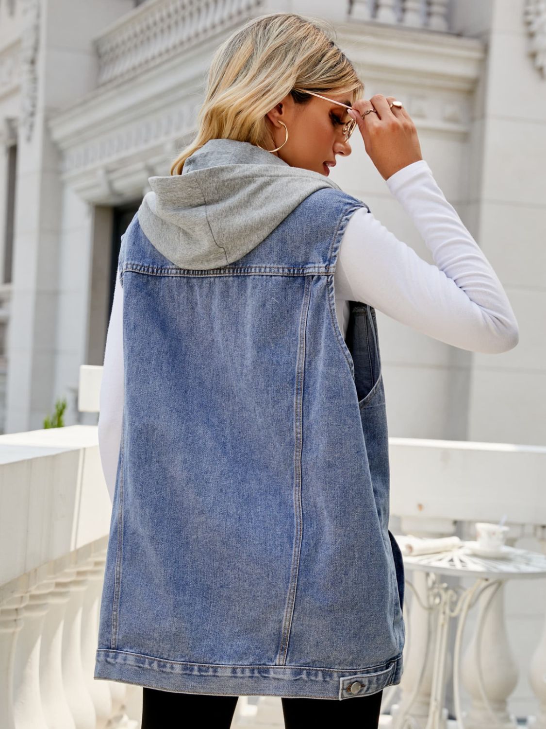 Drawstring Hooded Sleeveless Denim Top with Pockets - nailedmoms