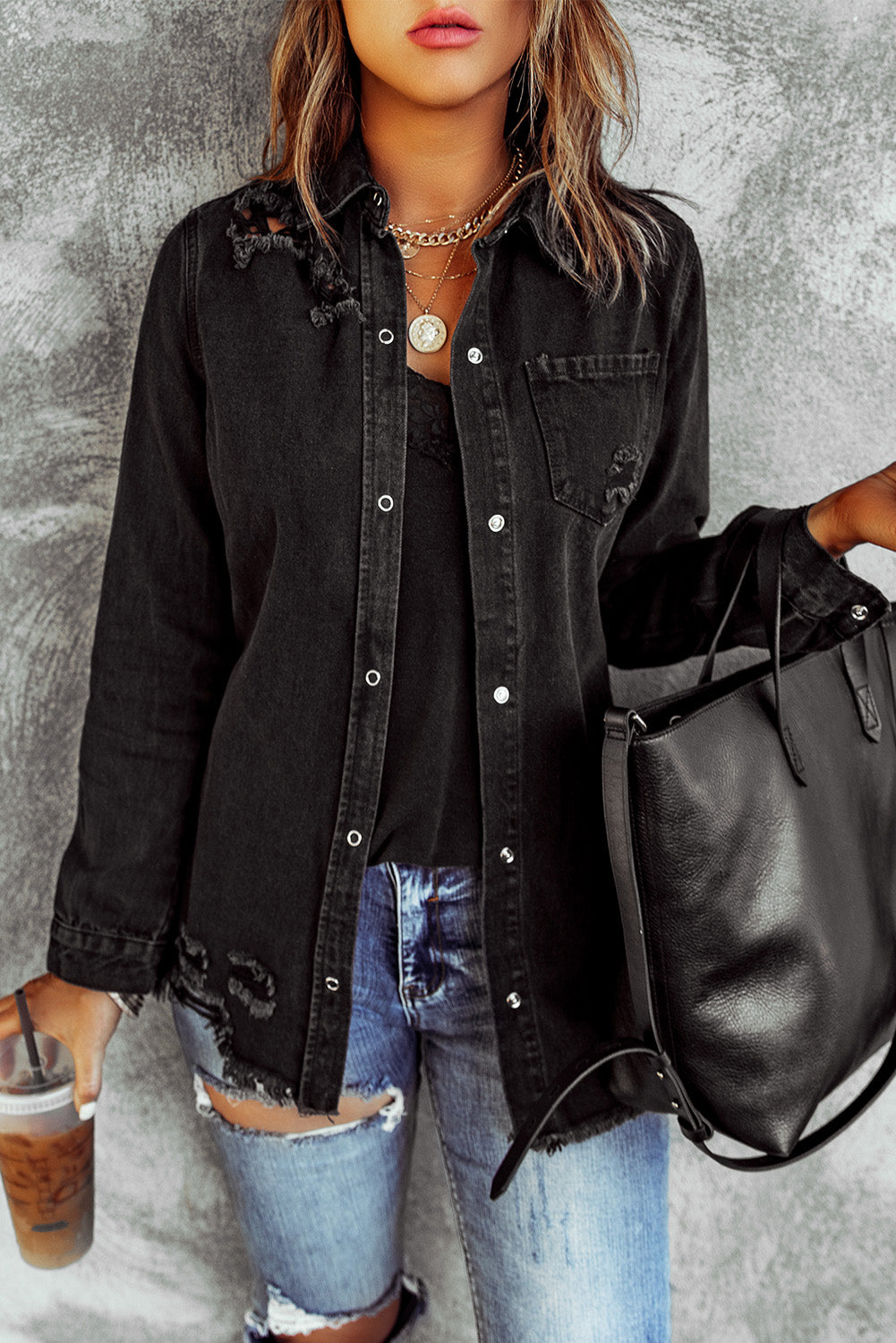 Distressed Snap Down Denim Jacket - nailedmoms