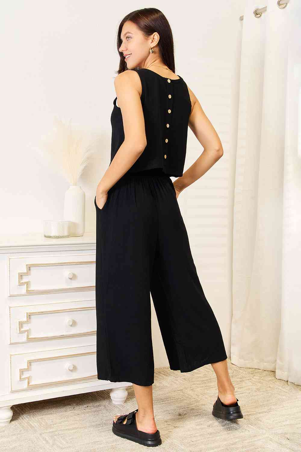 Double Take Buttoned Round Neck Tank and Wide Leg Pants Set - nailedmoms