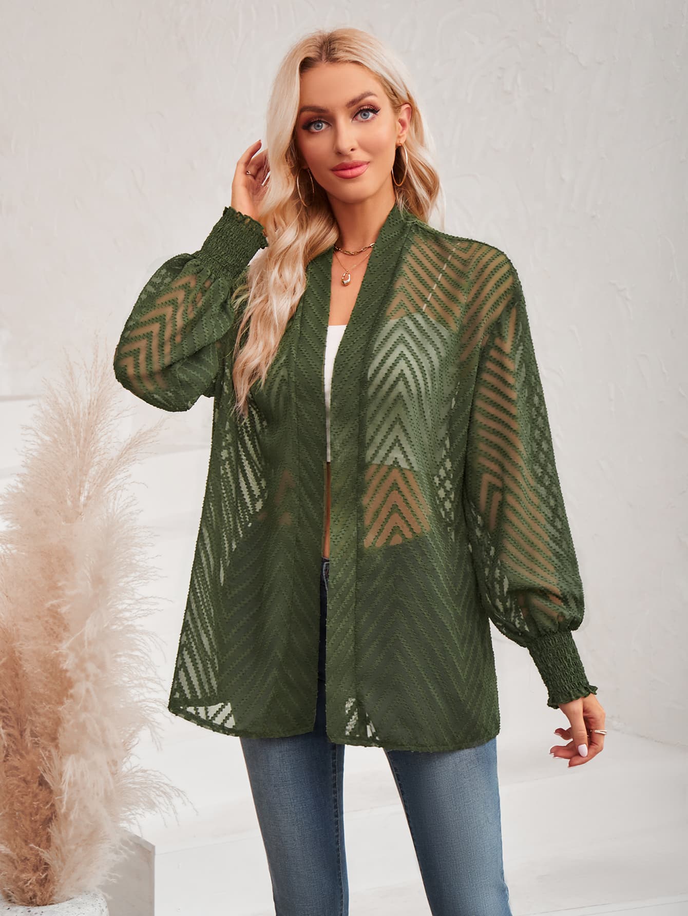 Lantern Sleeve Open Front Sheer Cardigan - nailedmoms
