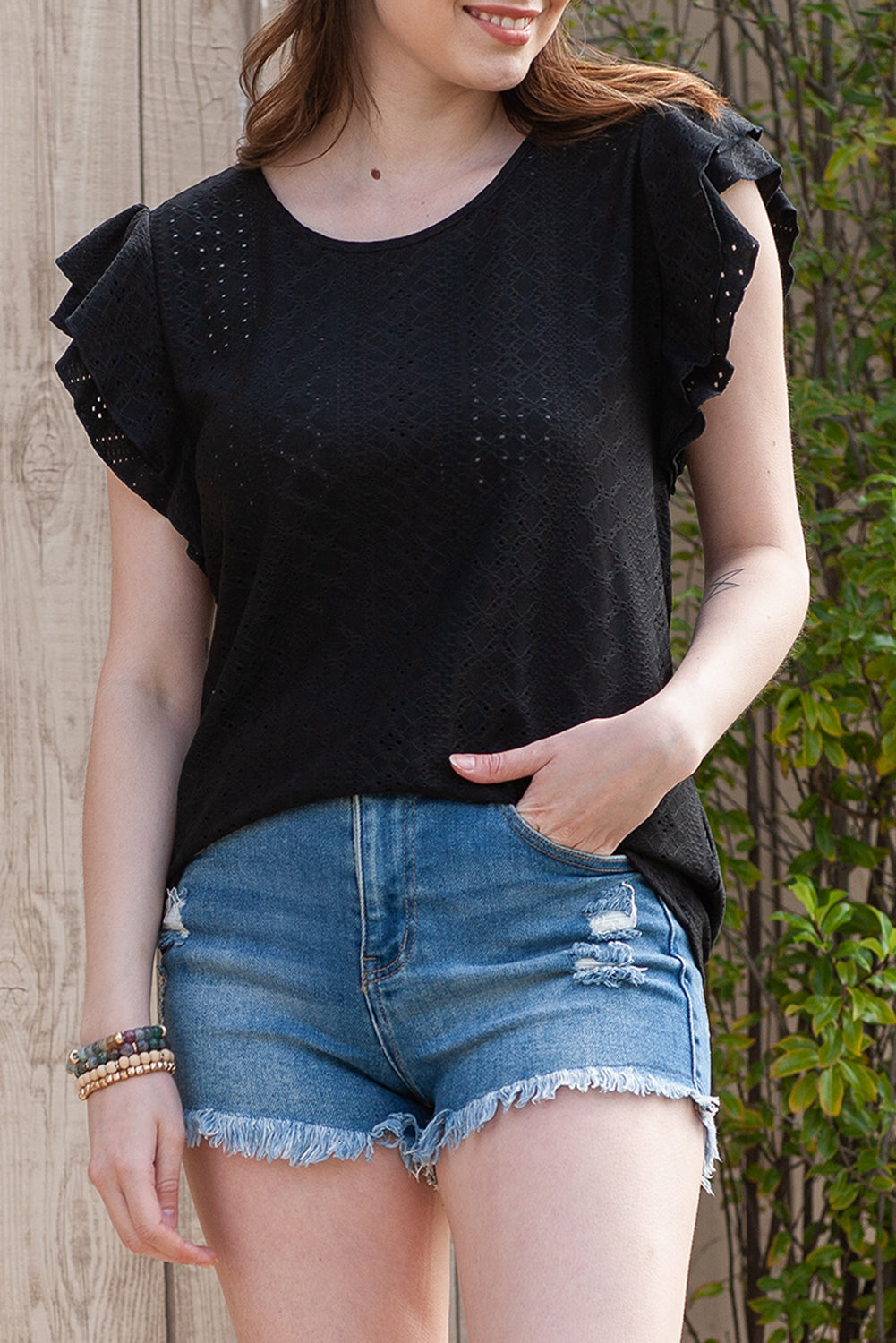 Eyelet Round Neck Flutter Sleeve Blouse - nailedmoms