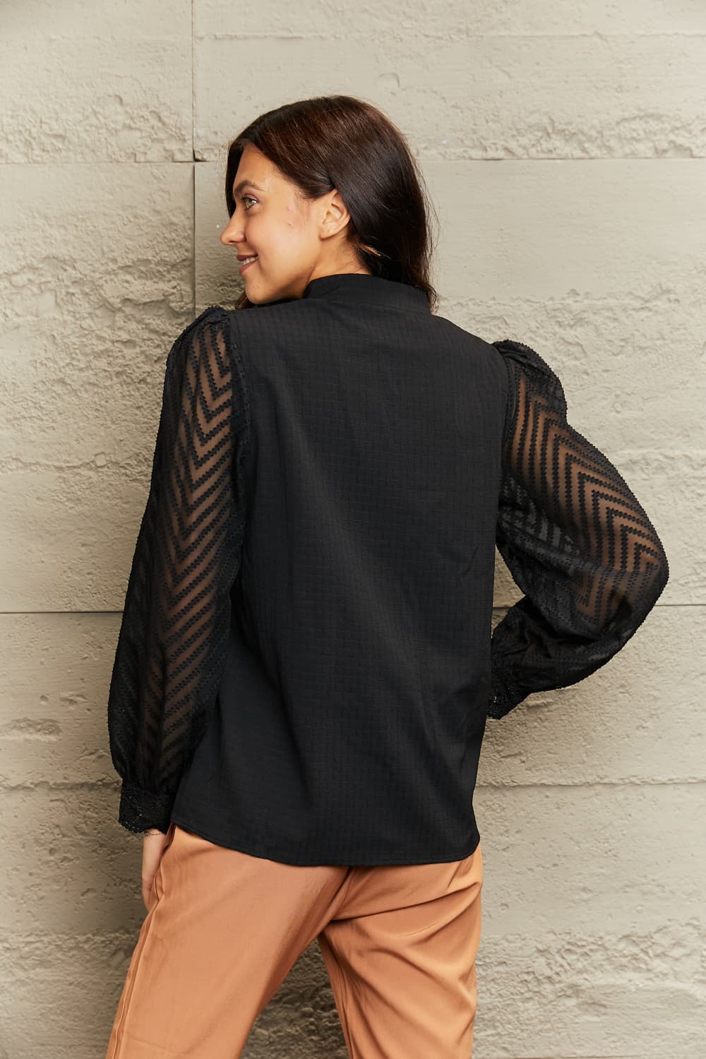 Notched Neck Openwork Long Sleeve Shirt - nailedmoms