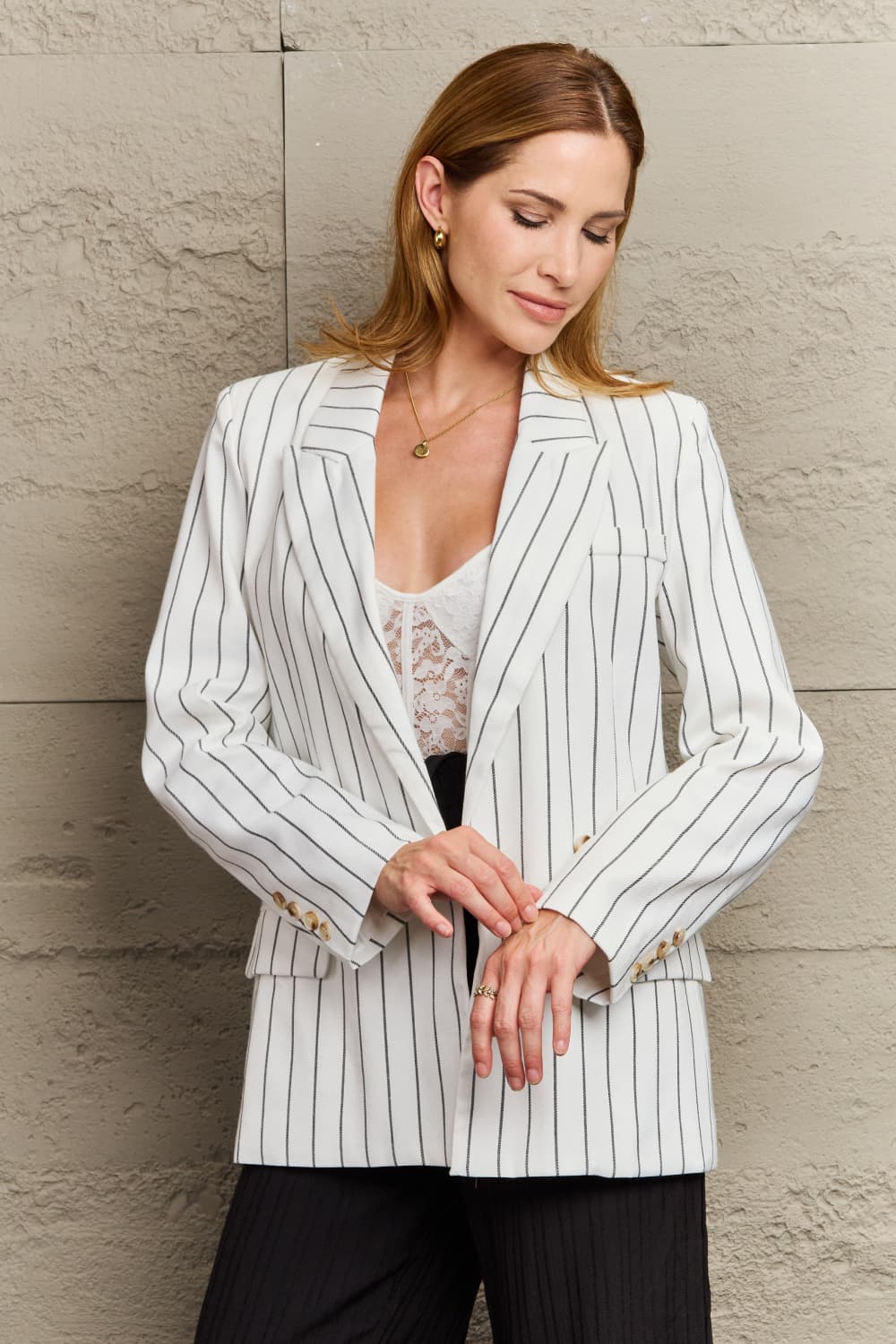 Striped Lapel Collar Long Sleeve Blazer - nailedmoms