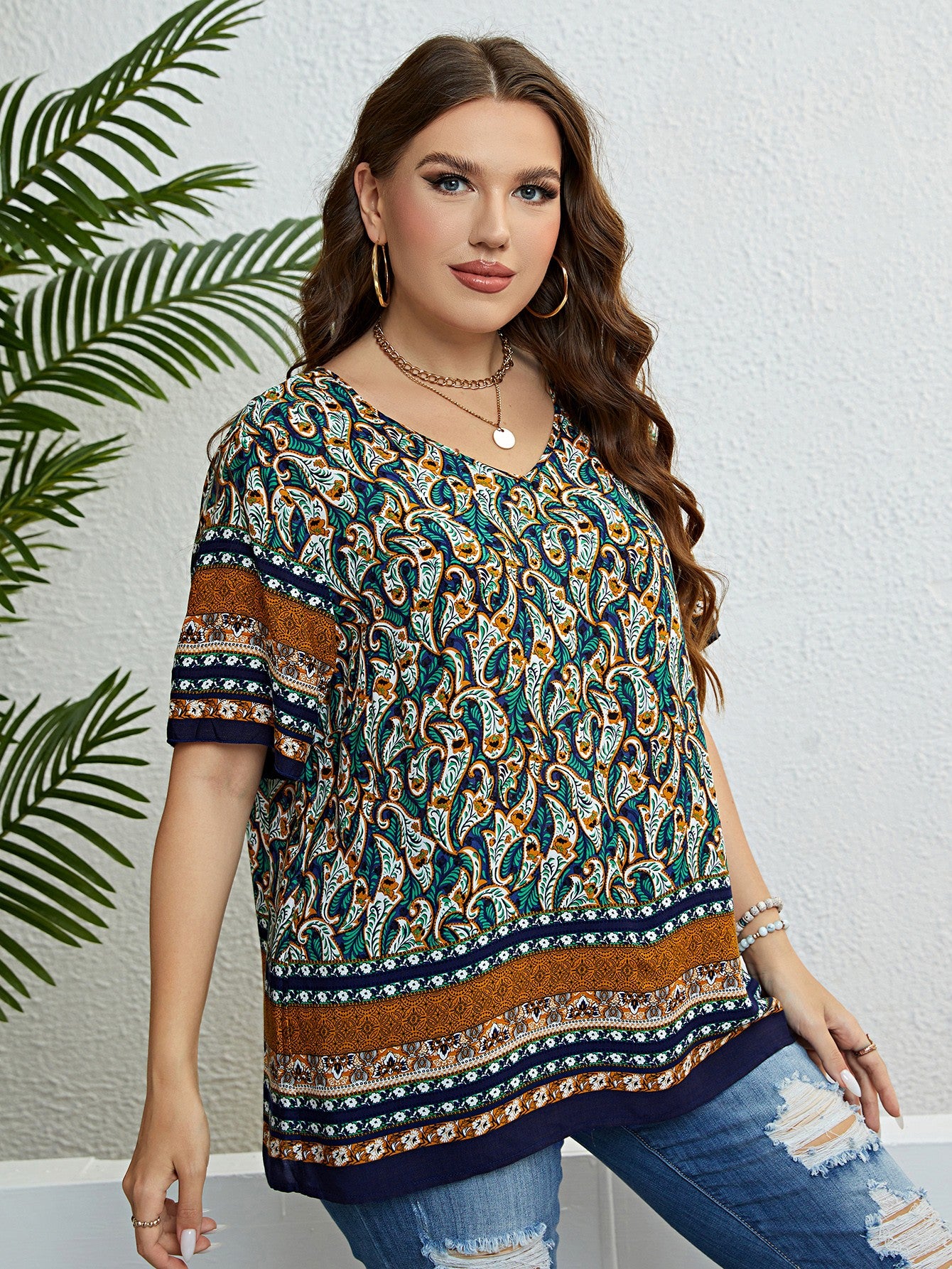 Plus Size Bohemian Printed V-Neck Blouse - nailedmoms