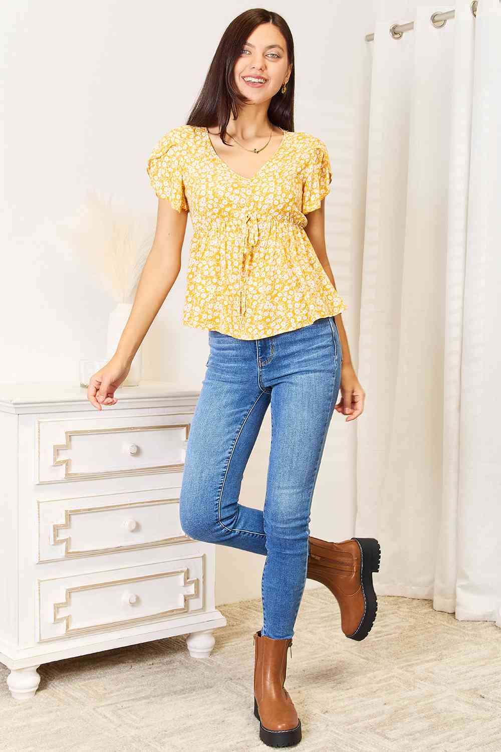 Double Take Floral Petal Sleeve Babydoll Top - nailedmoms