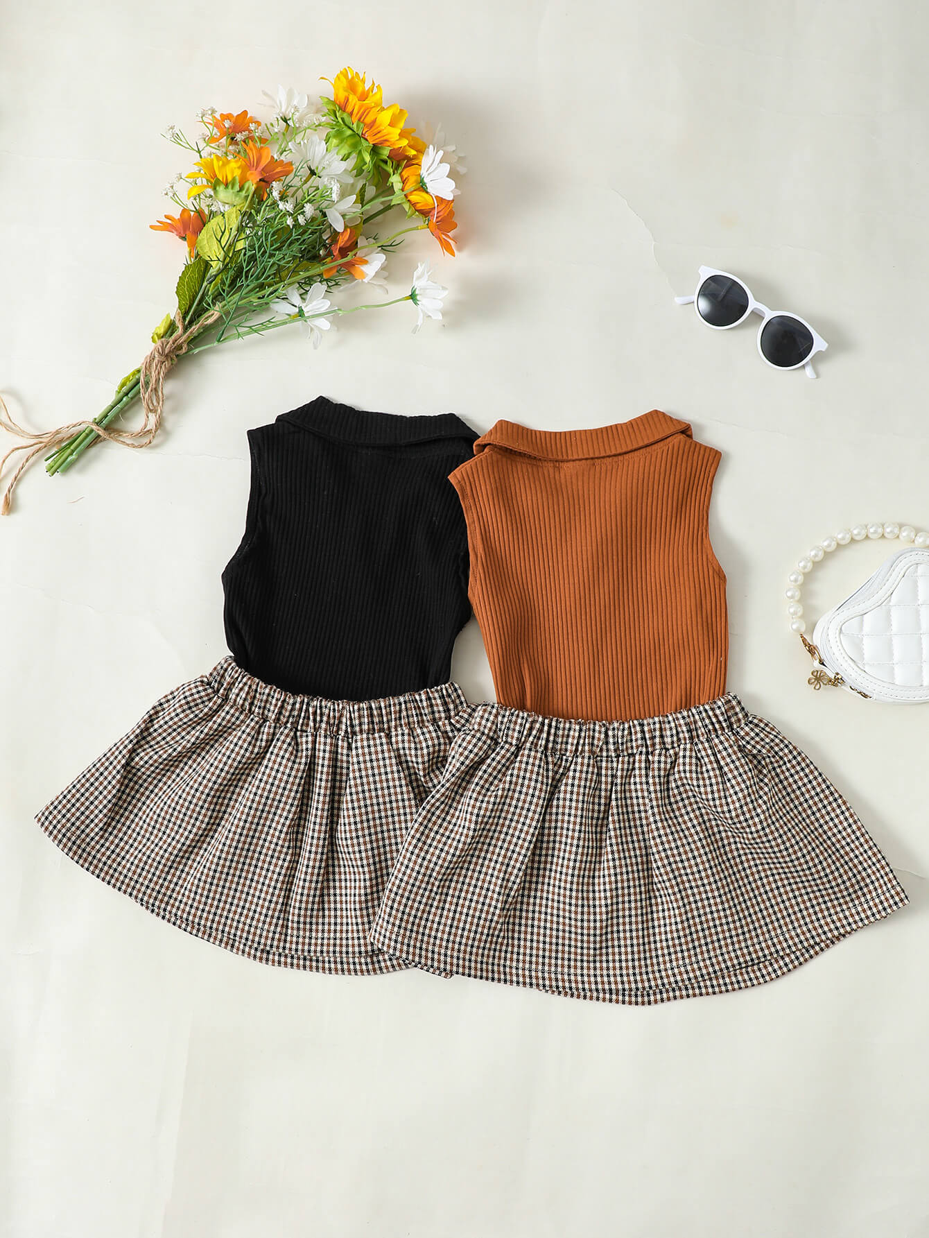 Girls Ribbed Sleeveless Top and Plaid Skirt Set - nailedmoms