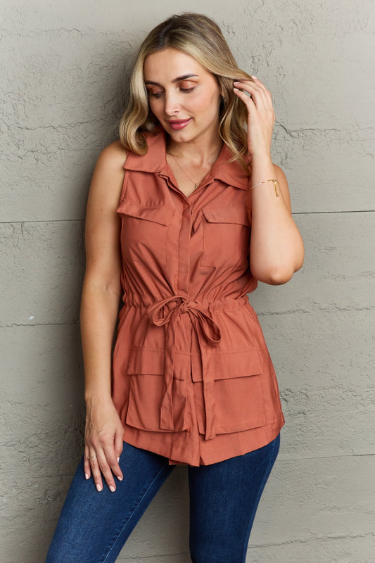 Ninexis Follow The Light Sleeveless Collared Button Down Top - nailedmoms