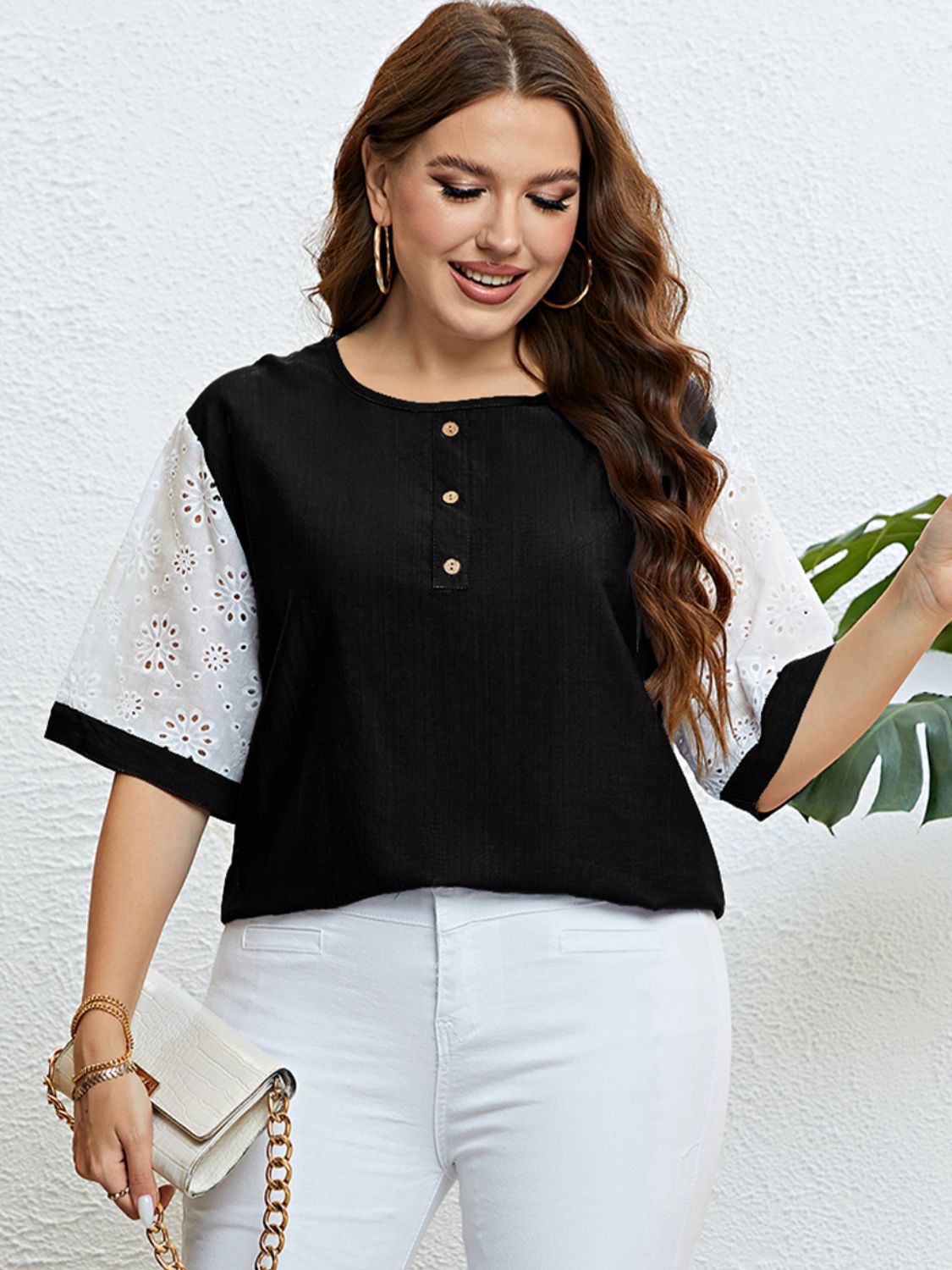 Plus Size Contrast Decorative Button Half Sleeve Top - nailedmoms