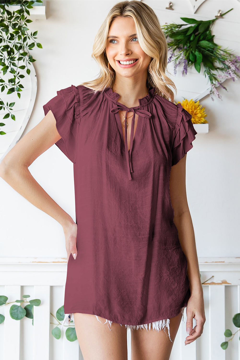 Tie-Neck Flutter Sleeve Blouse - nailedmoms