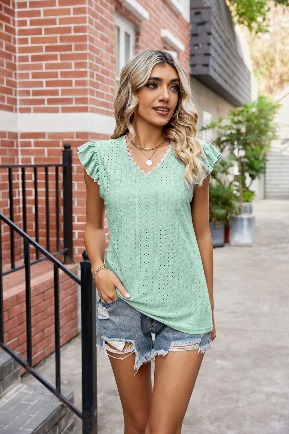 Eyelet Flutter Sleeve Scalloped V-Neck Top - nailedmoms