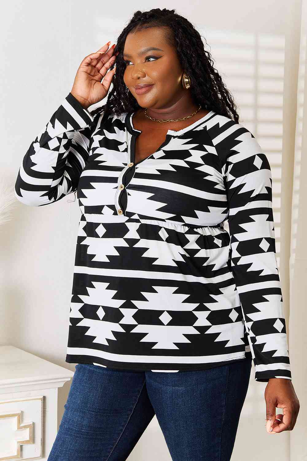 Heimish Full Size Geometric Notched Neck Long Sleeve Top - nailedmoms