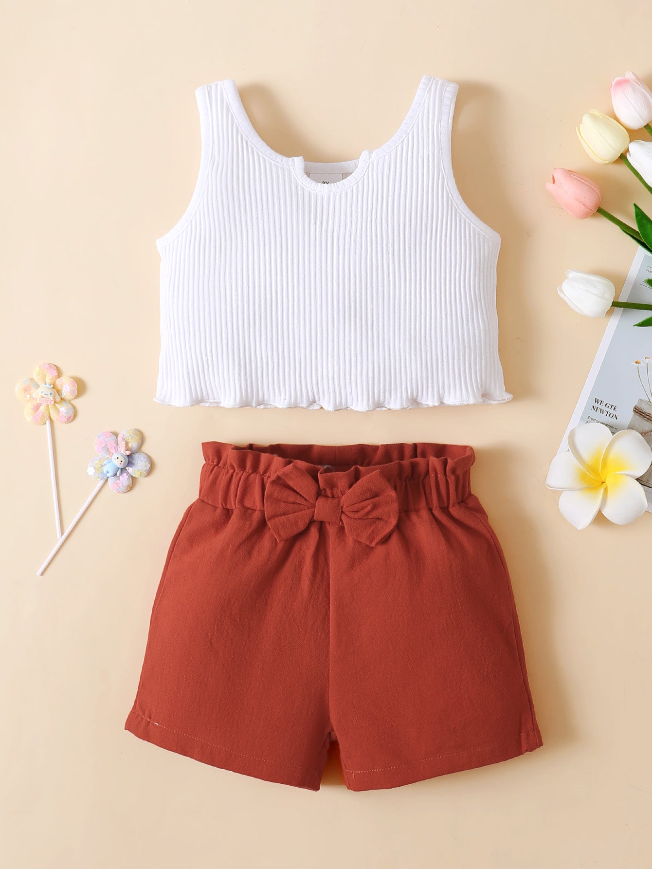 Girls Ribbed Notched Tank and Bow Detail Shorts Set - nailedmoms