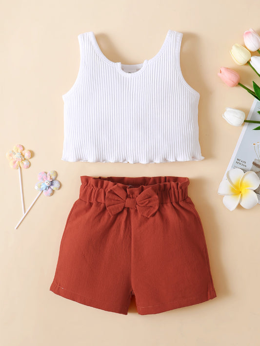 Girls Ribbed Notched Tank and Bow Detail Shorts Set - nailedmoms