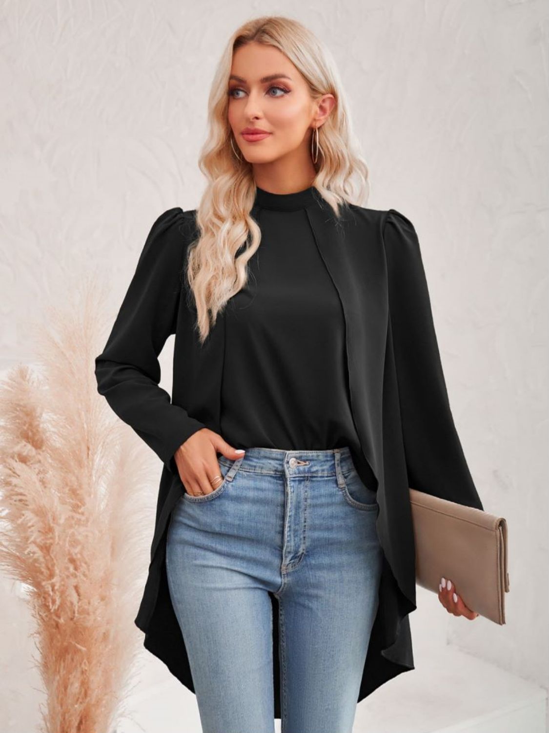 Long Puff Sleeve High-Low Blouse - nailedmoms