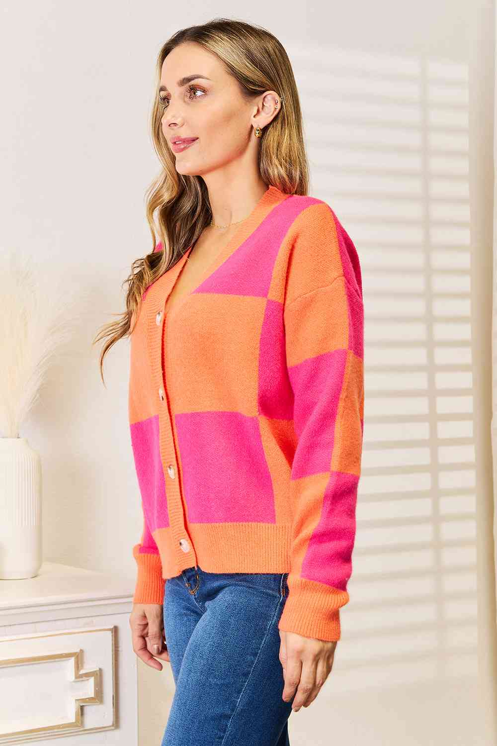 Woven Right Checkered V-Neck Dropped Shoulder Cardigan - nailedmoms