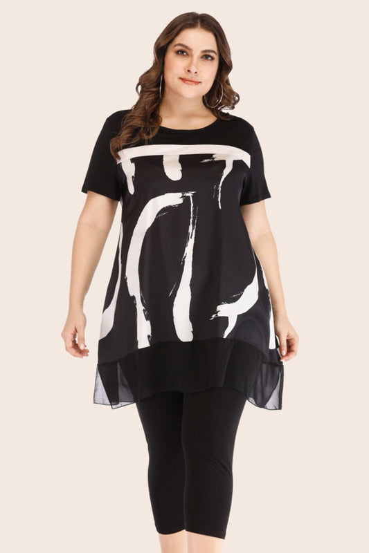 Plus Size Contrast Spliced Mesh T-Shirt and Cropped Leggings Set - nailedmoms
