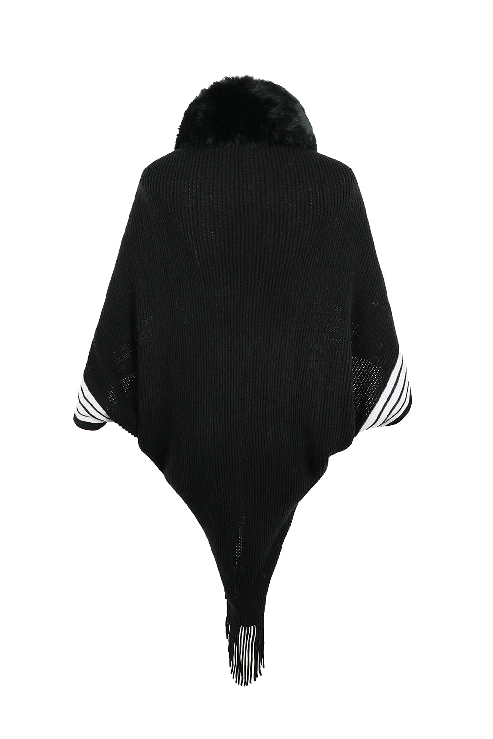 Striped Fringe Detail Long Sleeve Poncho - nailedmoms