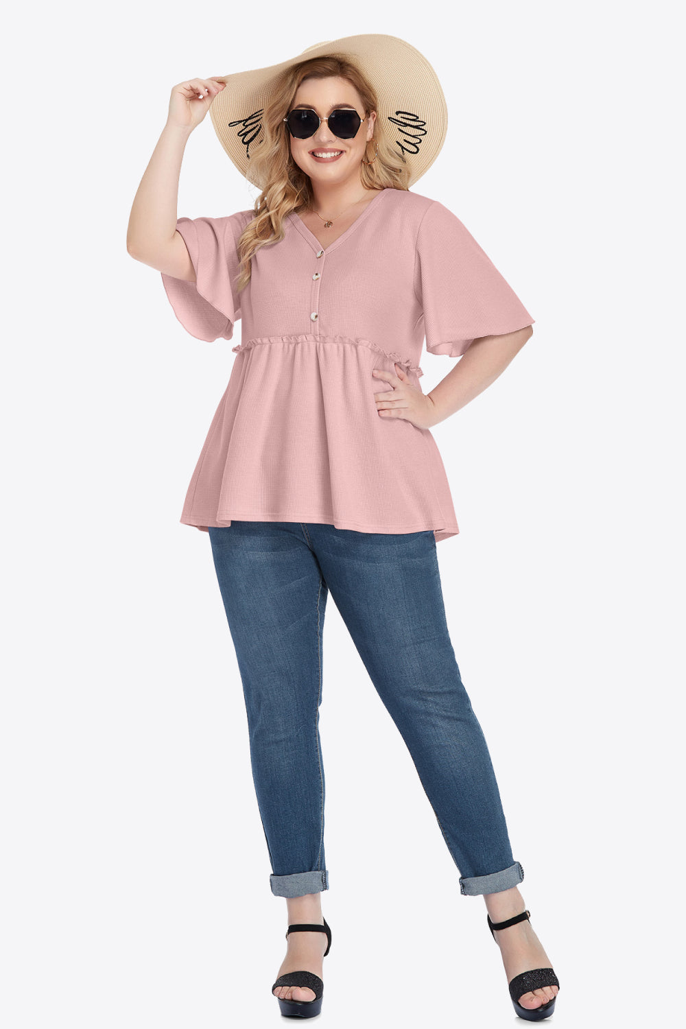 Plus Size Buttoned V-Neck Frill Trim Babydoll Blouse - nailedmoms