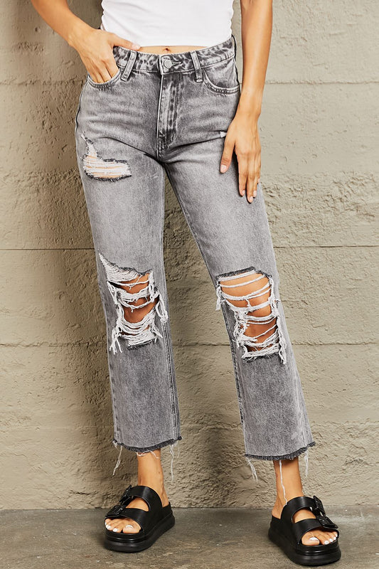 BAYEAS Acid Wash Distressed Cropped Straight Jeans - nailedmoms